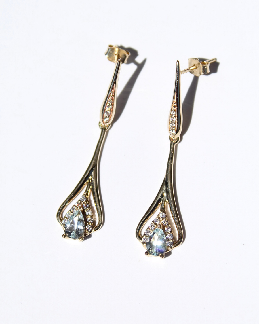 Aretes largos Aguamarina y Diamantes/Moissanitas